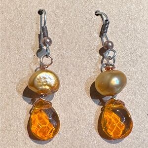 Handmade Peach Pearl Orange Swarovski Crystal Teardrop Earrings Sterling‎ Silver
